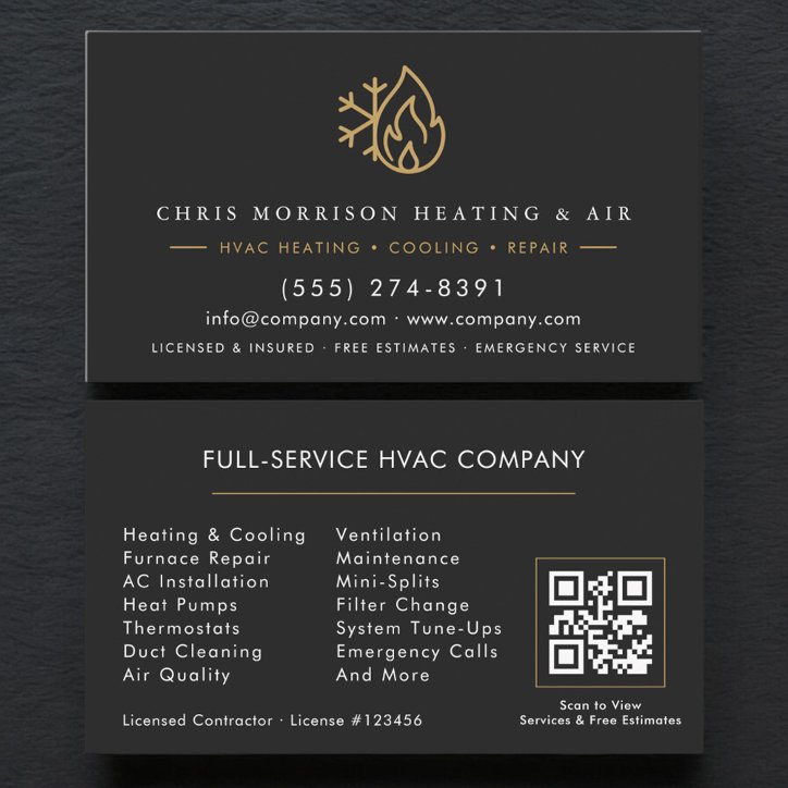 Hvac Services Black Gold QR Code Business Card