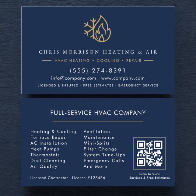 HVAC Services Company Navy Blue Gold QR Code Business Card (Creator Uploaded)