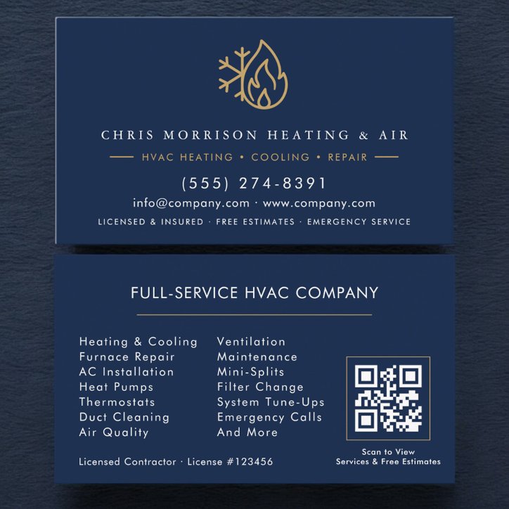 Hvac Services Company Navy Blue Gold QR Code Business Card