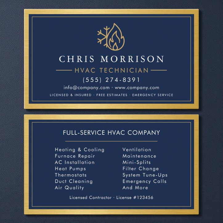 Hvac Technician Navy Blue Gold Metallic Business Card