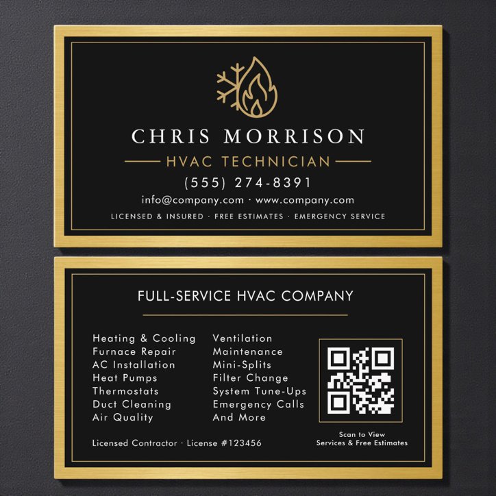 Hvac Technician QR Code Gold Metallic Business Card