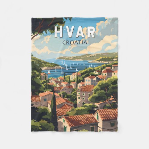 Hvar Croatia Travel Art Vintage Fleece Blanket