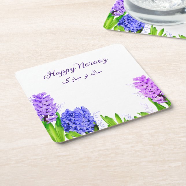 Hyacinth Flowers Purple Blue Pink Happy Norooz Square Paper Coaster (Angled)