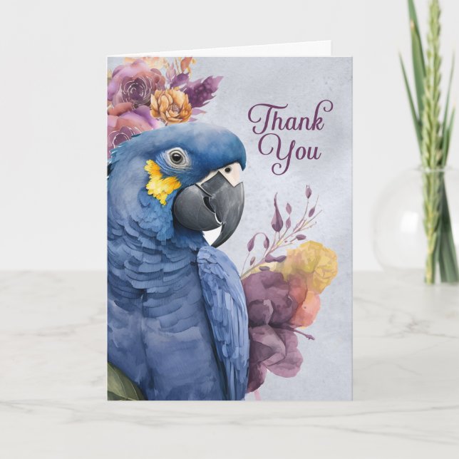 Hyacinth Macaw Parrot with Purple Botanicals Thank You Card (Front)