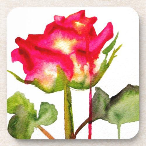 Hybrid Tea Rose watercolor modern flower art Beverage Coaster