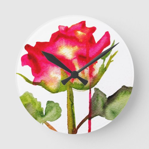 Hybrid Tea Rose watercolor modern flower art Round Clock