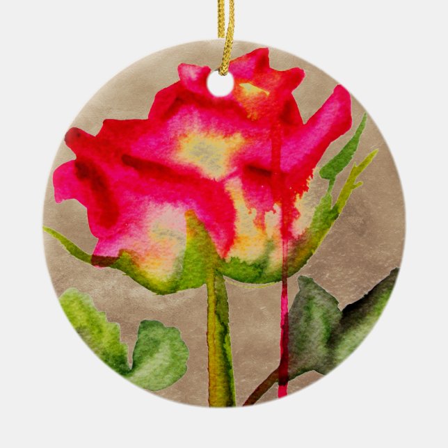 Hybrid Tea Rose watercolour modern flower art Ceramic Ornament (Front)