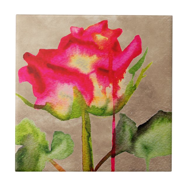 Hybrid Tea Rose watercolour modern flower art Ceramic Tile (Front)