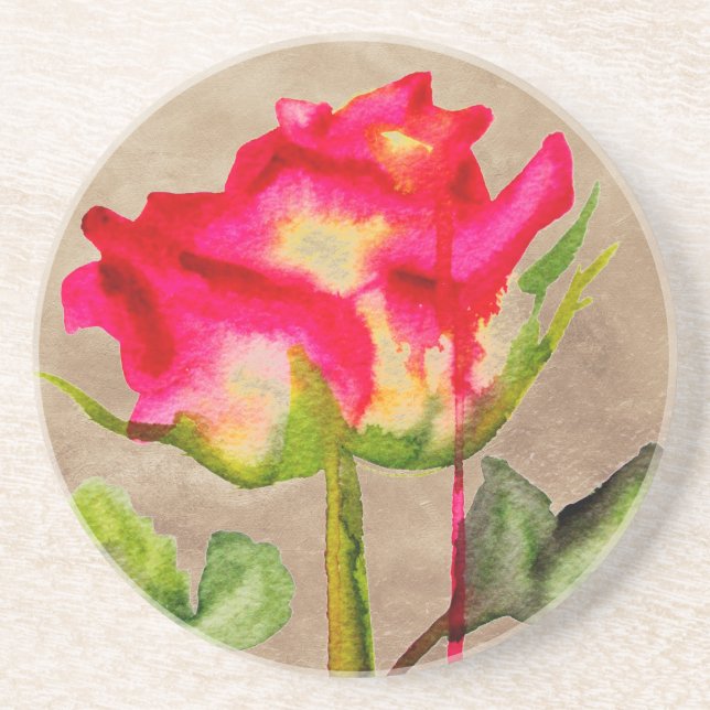 Hybrid Tea Rose watercolour modern flower art Drink Coaster (Front)
