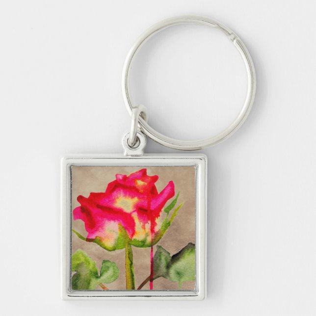 Hybrid Tea Rose watercolour modern flower art Keychain (Front)