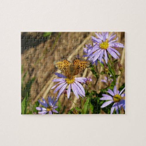 Hydaspe Fritillary on Purple Aster Flowers Jigsaw Puzzle