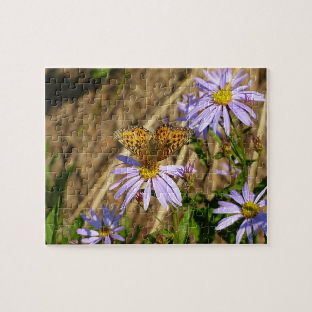 Hydaspe Fritillary on Purple Aster Flowers Jigsaw Puzzle (Horizontal)
