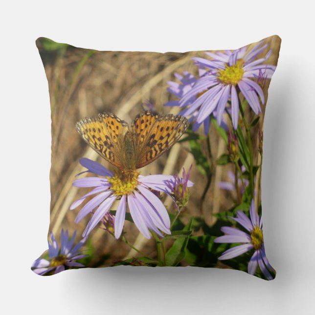 Hydaspe Fritillary on Purple Aster Flowers Throw Pillow (Front)