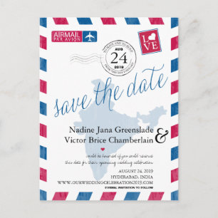 Hyderabad, India Airmail Wedding Save The Date Announcement Postcard