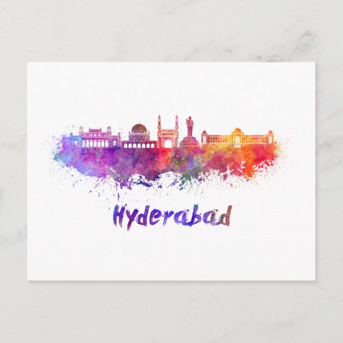 Hyderabad skyline in watercolor postcard