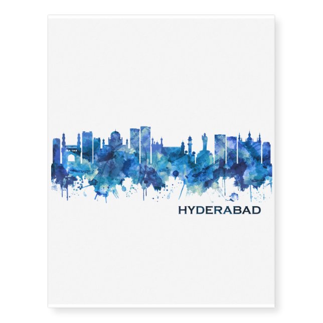 Hyderabad Telangana Skyline Blue Temporary Tattoos (Front)