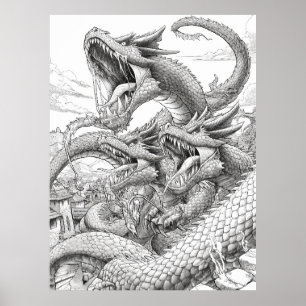 Hydra Coloring Book Page - Giant Snake Creature Poster