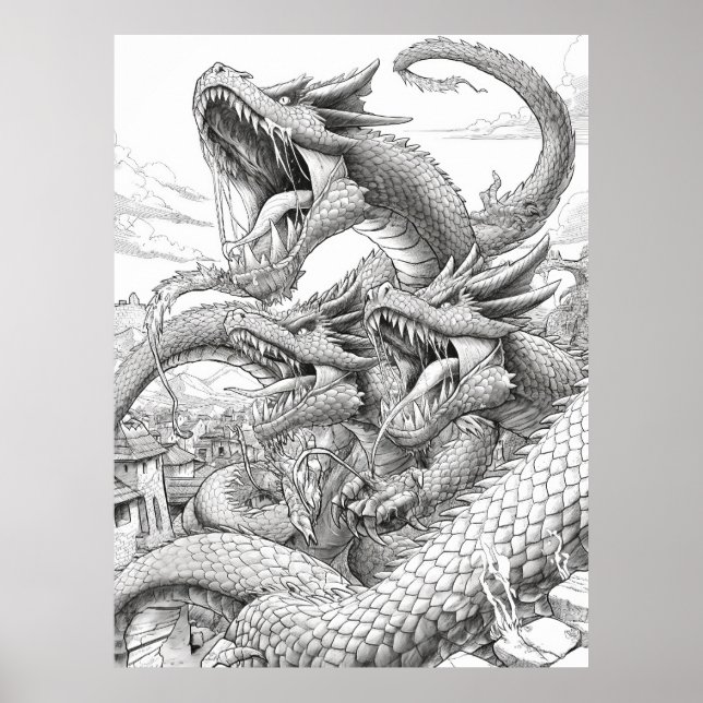 Hydra Coloring Book Page - Mythical Creature Illus Poster (Front)