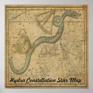 Hydra Constellation Star Map Vintage Astronomy Poster