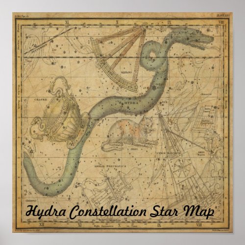 Hydra Constellation Star Map Vintage Astronomy Poster