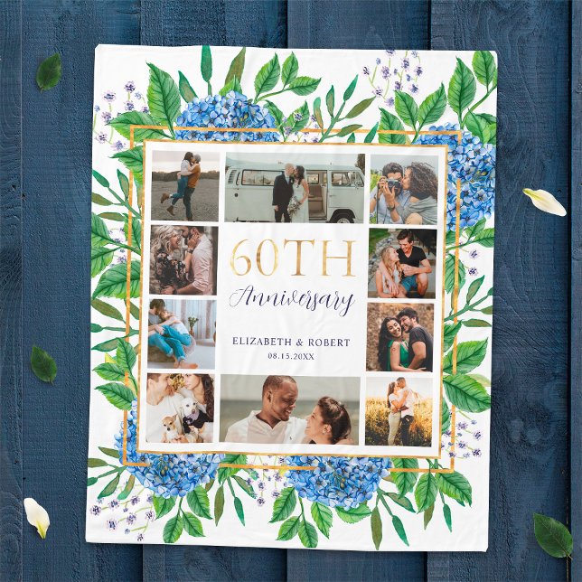Hydrangea 60th Anniversary Custom Photo Collage Fleece Blanket (Creator Uploaded)