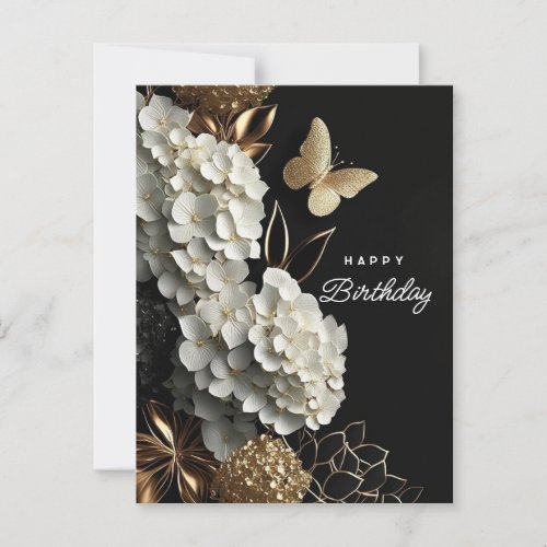 Hydrangea and gold foil on black background postcard