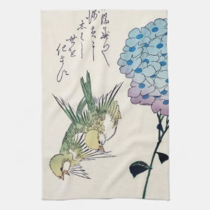 Hydrangea and Greenfinches, Hiroshige, Ukiyo-e Kitchen Towel