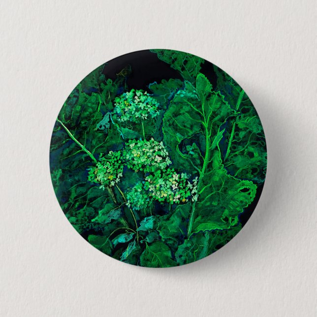 Hydrangea and Horseradish Floral Art Black & Green Button (Front)