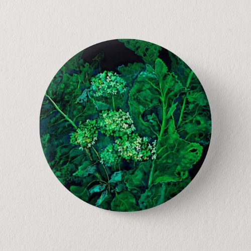 Hydrangea and Horseradish Floral Art Black  Green Button