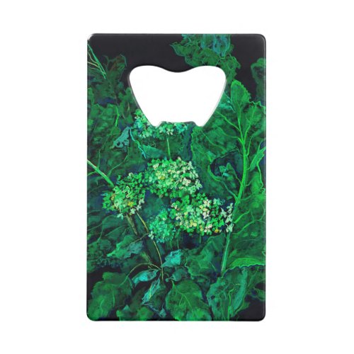 Hydrangea and Horseradish Floral Art Black  Green Credit Card Bottle Opener