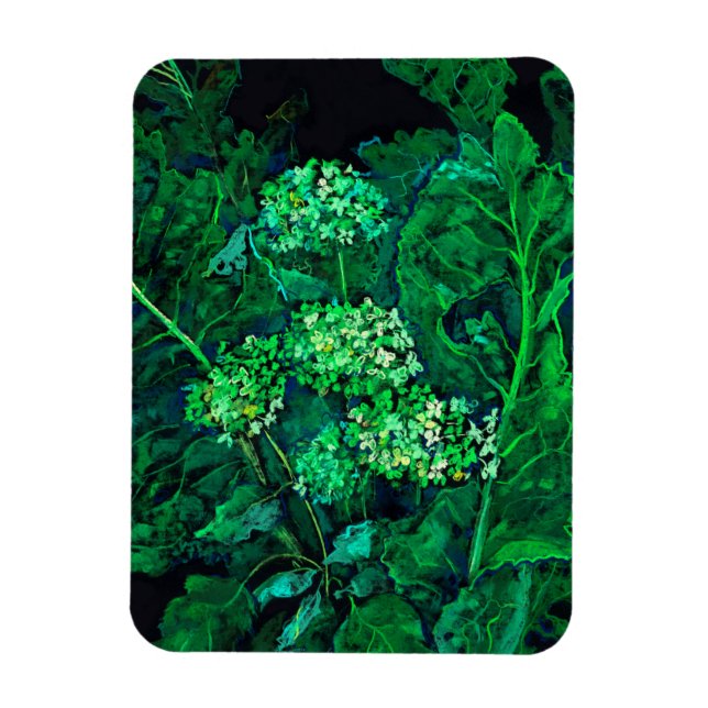 Hydrangea and Horseradish Floral Art Black & Green Magnet (Vertical)
