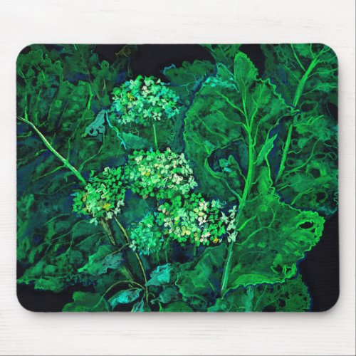 Hydrangea and Horseradish Floral Art Black  Green Mouse Pad
