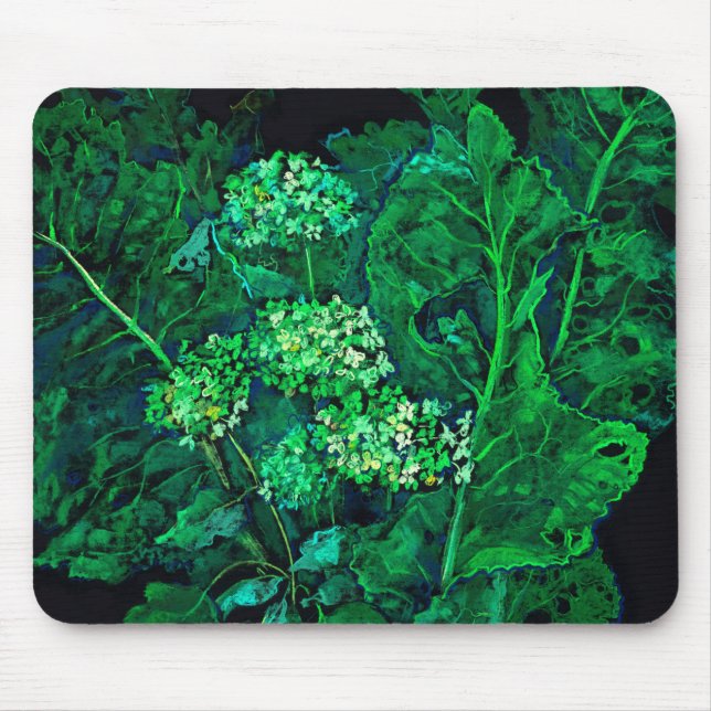 Hydrangea and Horseradish Floral Art Black & Green Mouse Pad (Front)