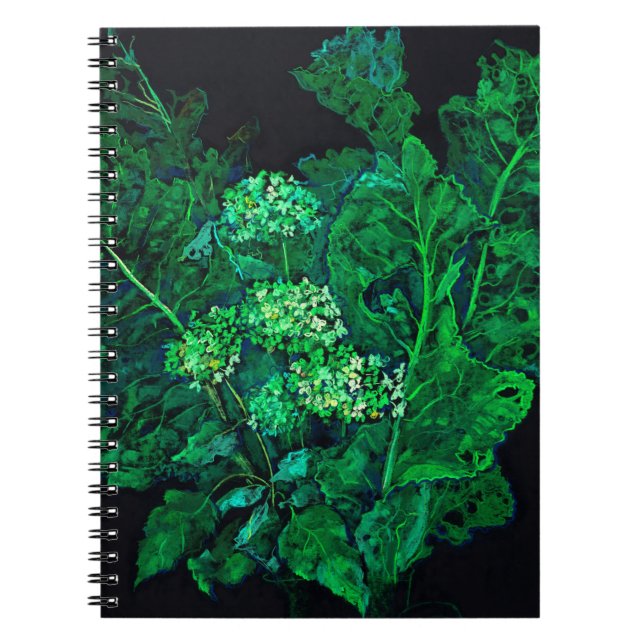 Hydrangea and Horseradish Floral Art Black & Green Notebook (Front)