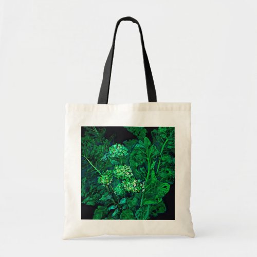 Hydrangea and Horseradish Floral Art Black  Green Tote Bag