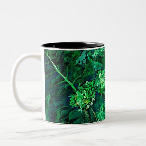 Hydrangea and Horseradish Floral Art Black  Green Two_Tone Coffee Mug