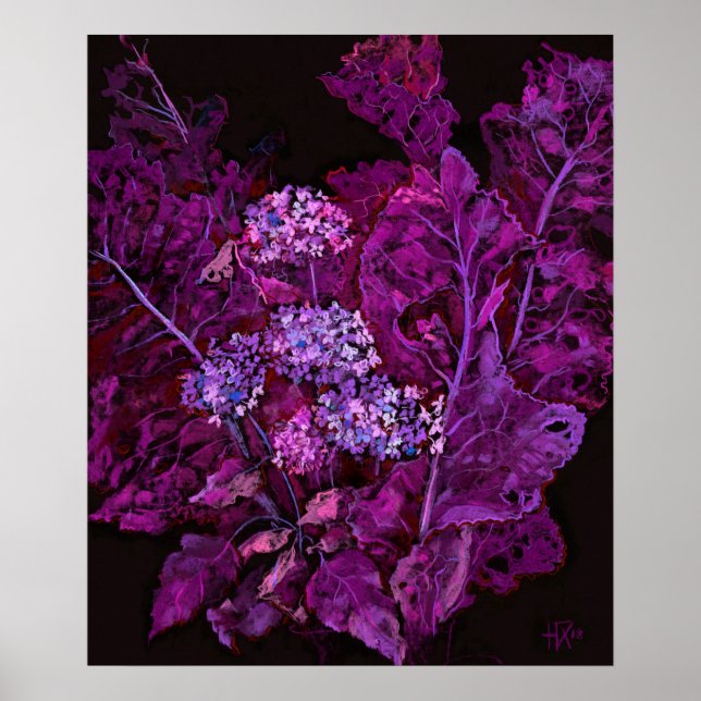 Hydrangea and Horseradish Floral Art Black Purple  Poster (Front)