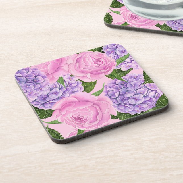 Hydrangea and peony pattern beverage coaster (Left Side)