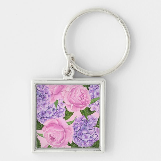 Hydrangea and peony pattern keychain (Front)