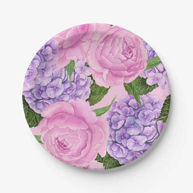 Hydrangea and peony pattern paper plates (Front)