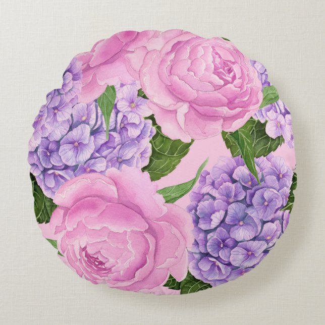 Hydrangea and peony pattern round pillow (Front)
