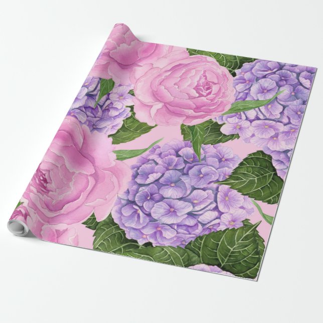 Hydrangea and peony pattern wrapping paper (Unrolled)