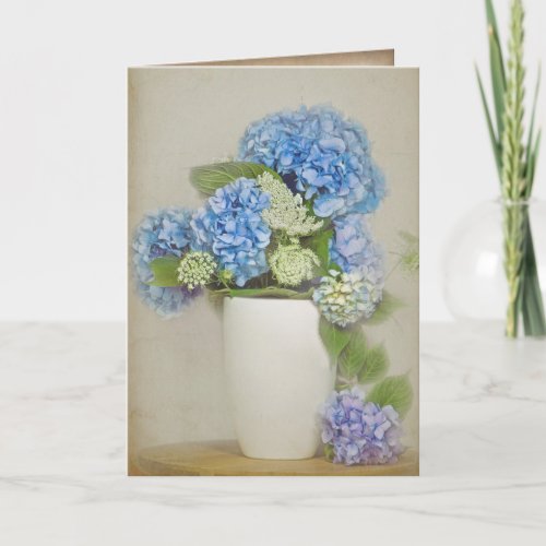 hydrangea and Queen Annes Lace bouquet in vase Card