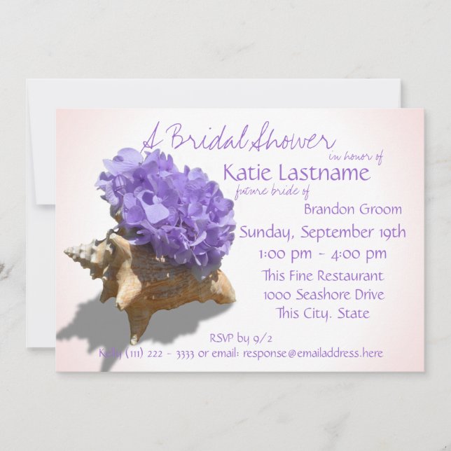 Hydrangea and Seashell Bridal Shower Lavender Invitation (Front)
