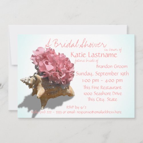 Hydrangea and Seashell Bridal Shower Pink Custom Invite