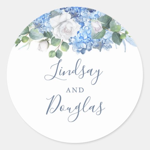 Hydrangea and White Flowers Dusty Blue Watercolor Classic Round Sticker