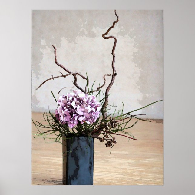 Hydrangea and Wood Vase Watercolor Poster (Front)