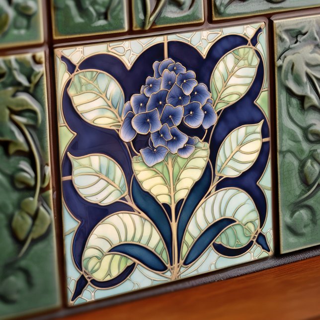 Hydrangea Art Deco Floral Wall Decor Art Nouveau Ceramic Tile (Creator Uploaded)