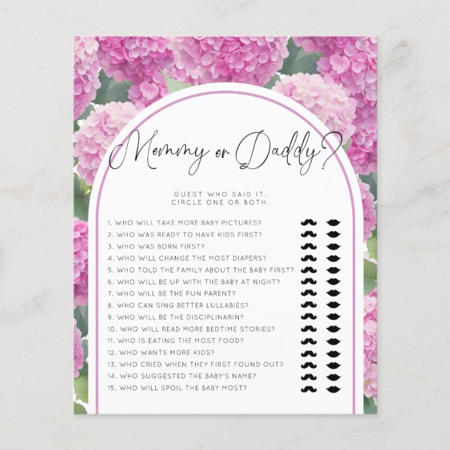 Hydrangea Baby Shower Mommy or Daddy Games (Front)