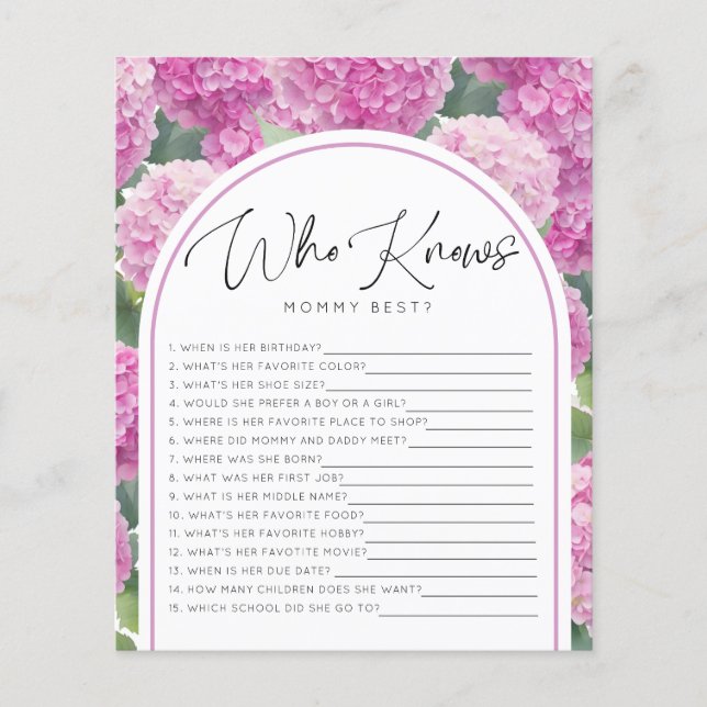 Hydrangea Baby Shower Who Knows Mommy Games (Front)